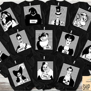May include: Black t-shirts featuring various cartoon villains in mugshot-style designs. Each villain is depicted in black and white, holding a sign with a year. The shirts have a crew neck and short sleeves. The image includes the text "The Midnight Comet" and "Ship Next Day."