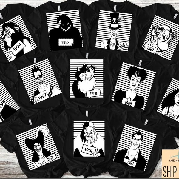 Camiseta retro de la alineación de villanos de Disney con foto policial, Reina Malvada, Úrsula, Scar, Maléfica, Jafar, camiseta de Halloween de Disney, camiseta de viaje de villanos