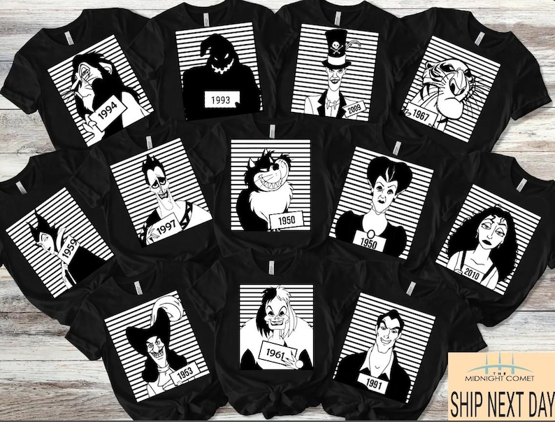 May include: Black t-shirts featuring various cartoon villains in mugshot-style designs. Each villain is depicted in black and white, holding a sign with a year. The shirts have a crew neck and short sleeves. The image includes the text "The Midnight Comet" and "Ship Next Day."