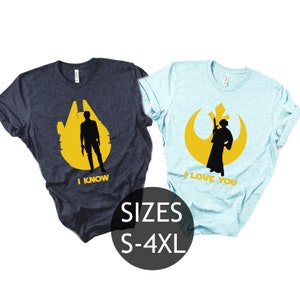 Camisetas de pareja de Disney Star Wars, camisetas a juego de Han Solo y la princesa Leia, camisetas con la frase "Te amo, lo sé", camisetas familiares de Disney, camisetas de Disney