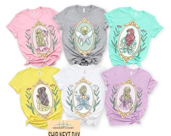 Camiseta con lazos coquetos de princesas Disney, personalizada con nombre: Tiana, Ariel, Elsa, Rapunzel, Bella y Jasmine. Ideal para un viaje familiar a Magic Kingdom en 2025.