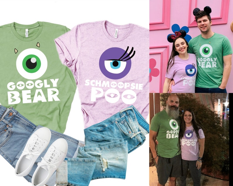 May include: Two couples wearing matching green and purple t-shirts with a cartoon eye and the text "Googly Bear" and "Schmoopsie Poo". The shirts are paired with blue jeans.