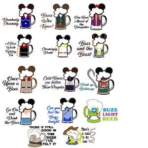 May include: A set of 12 printable designs featuring Disney characters holding beer mugs with humorous sayings. The designs are perfect for creating custom mugs, t-shirts, or other crafts.