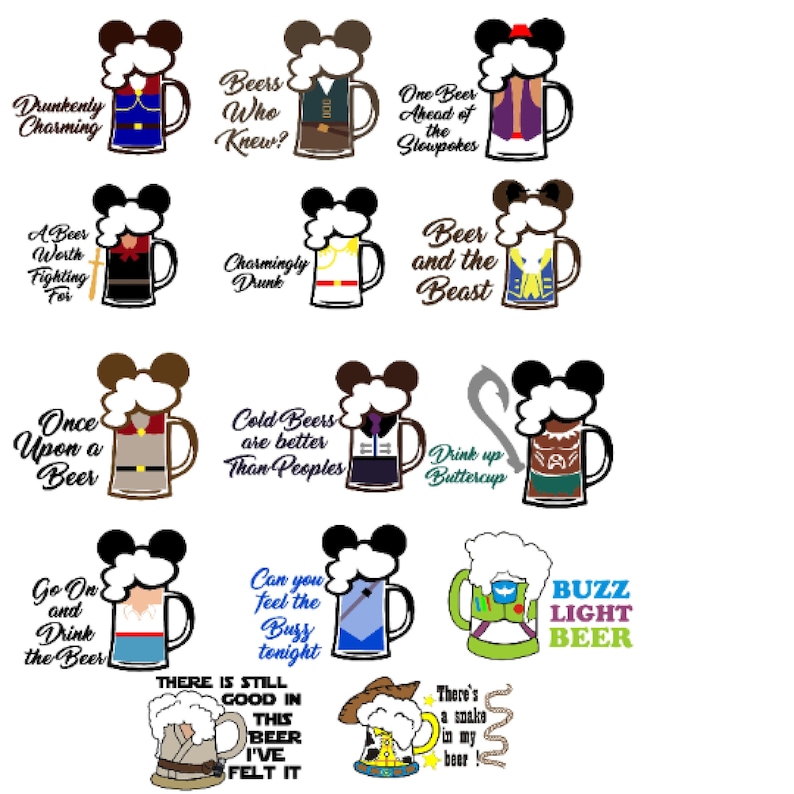 May include: A set of 12 printable designs featuring Disney characters holding beer mugs with humorous sayings. The designs are perfect for creating custom mugs, t-shirts, or other crafts.