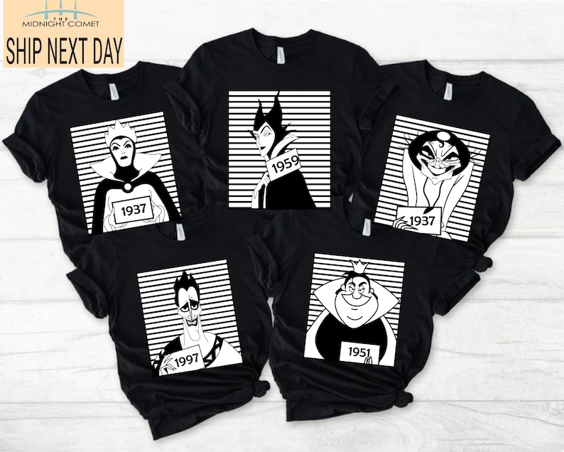 May include: Black t-shirts featuring cartoon illustrations of Disney villains. Each villain is depicted in a black and white style, holding a sign with a year. The text "SHIP NEXT DAY" is in the upper left corner.