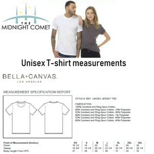 May include: Image of a white and gray t-shirt with the text "Unisex T-shirt measurements". The image includes a measurement specification report with chest, sweep, and body length measurements in inches. The Bella+Canvas logo is also visible.