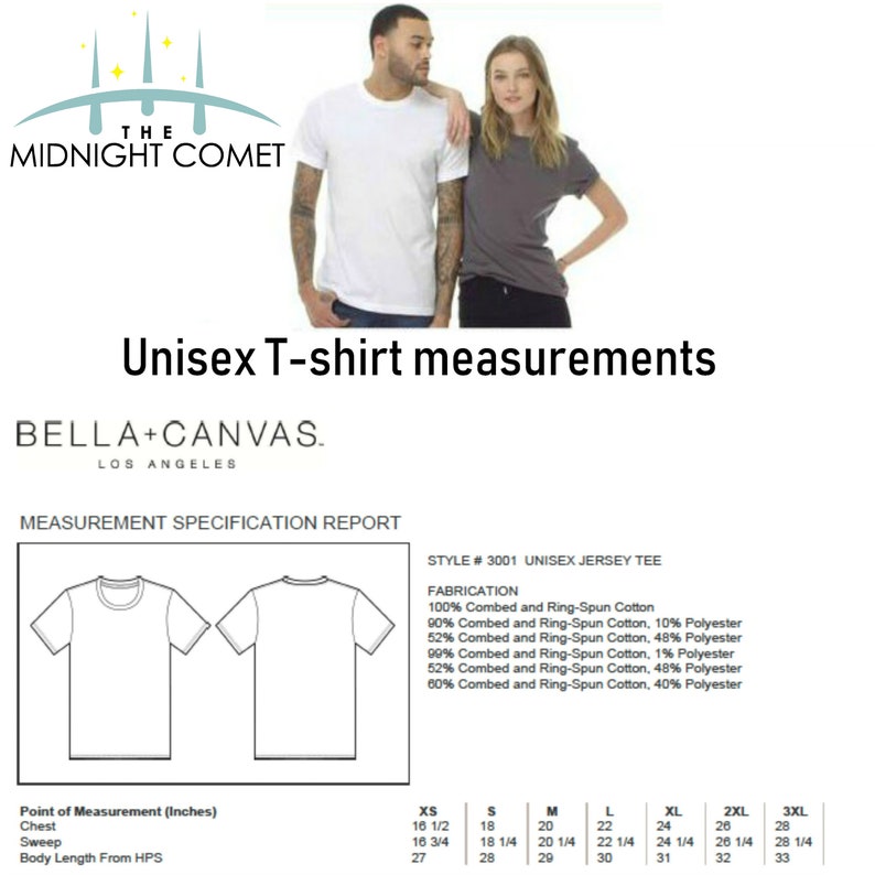 May include: Image of a white and gray t-shirt with the text "Unisex T-shirt measurements". The image includes a measurement specification report with chest, sweep, and body length measurements in inches. The Bella+Canvas logo is also visible.