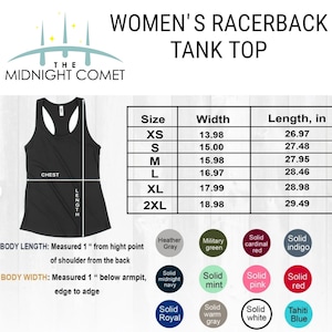 May include: Size chart for a racerback tank top with measurements in inches. The chart shows sizes XS through 2XL with corresponding width and length measurements. The chart also includes a colour chart with various solid colours.