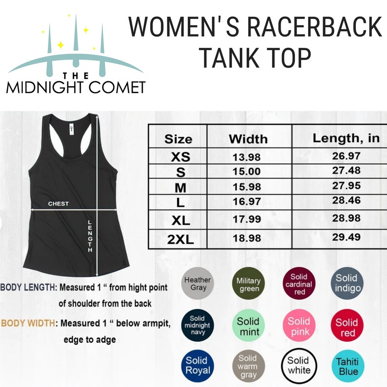 May include: Size chart for a racerback tank top with measurements in inches. The chart shows sizes XS through 2XL with corresponding width and length measurements. The chart also includes a colour chart with various solid colours.