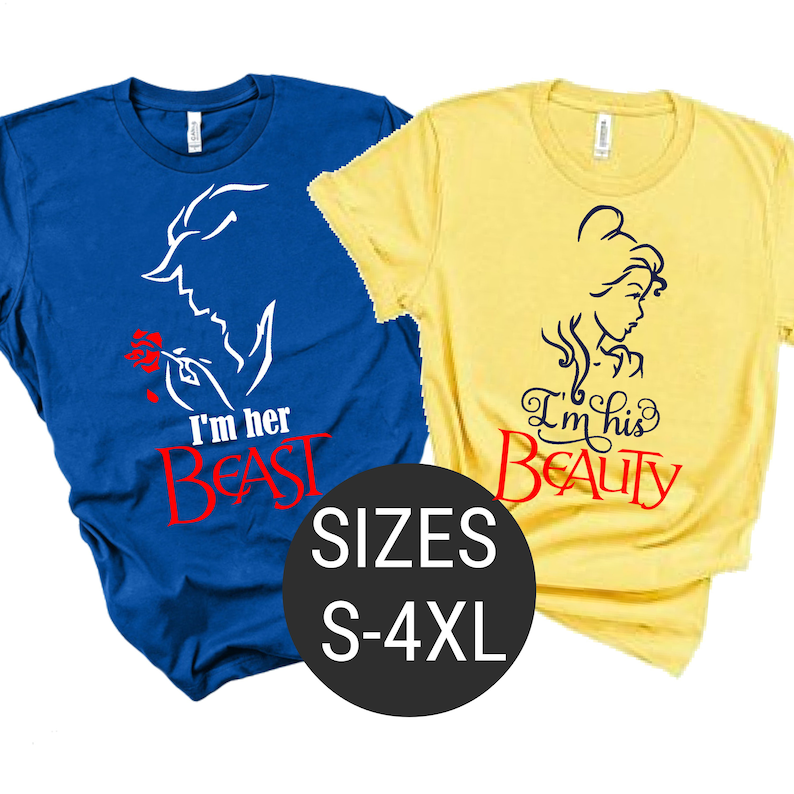 May include: Two t-shirts, one blue and one yellow, with a silhouette of Belle and the Beast from Beauty and the Beast. The blue shirt says "I'm her Beast" and the yellow shirt says "I'm his Beauty". The shirts are available in sizes S-4XL.