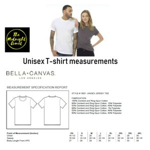 May include: A measurement chart for unisex t-shirts, showing the different sizes and measurements in inches. The chart includes the chest, sweep, and body length from the high point of shoulder (HPS). The chart also includes the fabric composition of the t-shirts, which are made of 100% combed and ring-spun cotton, 90% combed and ring-spun cotton with 10% polyester, 52% combed and ring-spun cotton with 48% polyester, 99% combed and ring-spun cotton with 1% polyester, 52% combed and ring-spun cotton with 48% polyester, and 60% combed and ring-spun cotton with 40% polyester.
