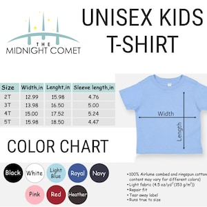 May include: Light blue unisex kids t-shirt with size and color chart. The shirt's dimensions are provided in inches. Available colors include black, white, light blue, royal, navy, pink, red, and heather. The shirt is made of light fabric and has a tear-away label.