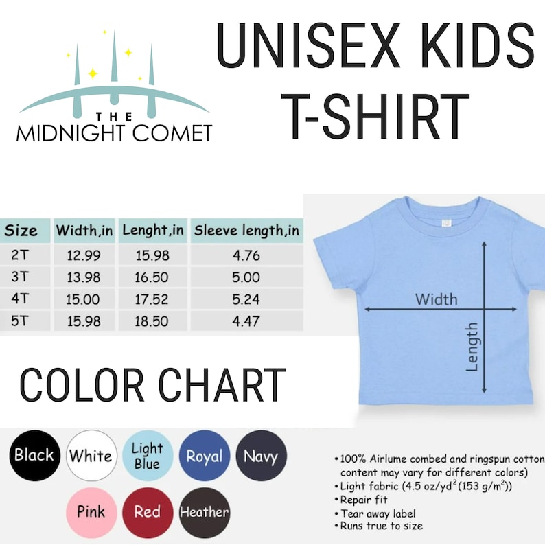 May include: Light blue unisex kids t-shirt with size and color chart. The shirt's dimensions are provided in inches. Available colors include black, white, light blue, royal, navy, pink, red, and heather. The shirt is made of light fabric and has a tear-away label.