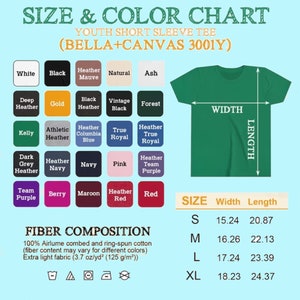 May include: A size and color chart for youth short sleeve tees. The chart displays color swatches, including white, black, and navy, and size measurements in inches. The fiber composition is also listed.