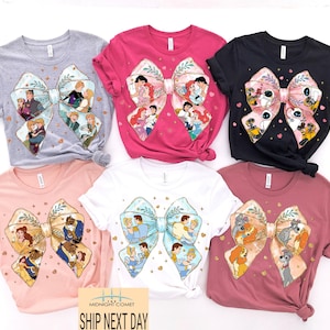 Coquette Bows Watercolor Disney Princess Shirt, Disney Aurora Ariel Belle Cinderella Tiana Shirt, Magic Kingdom Disneyland Girl Trip 2025