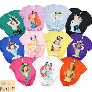Disney Princess Belle, Tiana, Elsa, Anna, Jasmine, Ariel, Aurora, Rapunzel, Snow white, Merida, Cinderella, Mulan, Disney Minnie ears top