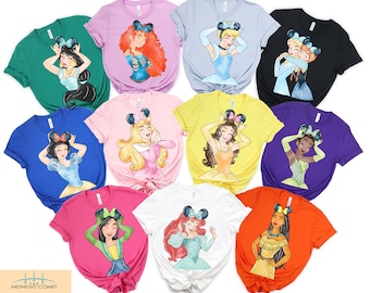 Disney Princess Belle, Tiana, Elsa, Anna, Jasmine, Ariel, Aurora, Rapunzel, Snow white, Merida, Cinderella, Mulan, Disney Minnie ears top