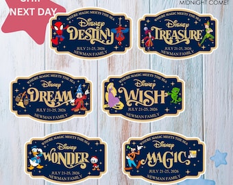 Imán personalizado para la puerta del camarote de un crucero Disney con el nombre de la familia y la compañía de cruceros, ideal para viajes familiares en crucero, fantasía mágica y mágica.