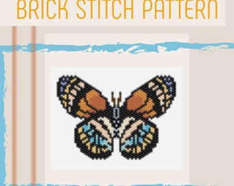 May include: A brick stitch pattern for a butterfly with orange, black, blue, and yellow beads. The pattern is for beading and is called "Brick Stitch Pattern".