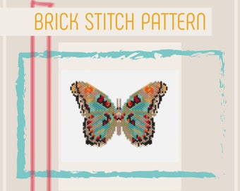 May include: A brick stitch pattern for a colorful butterfly with brown, blue, green, orange, red, and black beads. The pattern is titled "Brick Stitch Pattern".