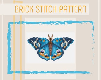 May include: A blue and orange butterfly beading pattern, with the text "BRICK STITCH PATTERN" at the top and "L'ATELIER" at the bottom.