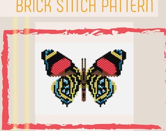 May include: A colorful brick stitch pattern of a butterfly with red, black, yellow, and blue wings. The text "BRICK STITCH PATTERN" is at the top. The design is framed in red and set against a neutral background.