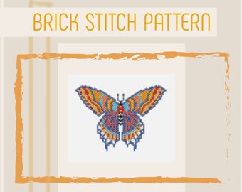 May include: A colorful butterfly with orange, yellow, blue, and red wings is shown in a brick stitch pattern. The pattern is for a beaded embroidery project.