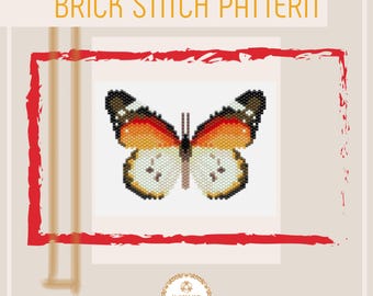 May include: Brick stitch pattern for a beaded butterfly with orange, white, and black beads. The pattern is on a white background with the text "Brick Stitch Pattern" at the top.