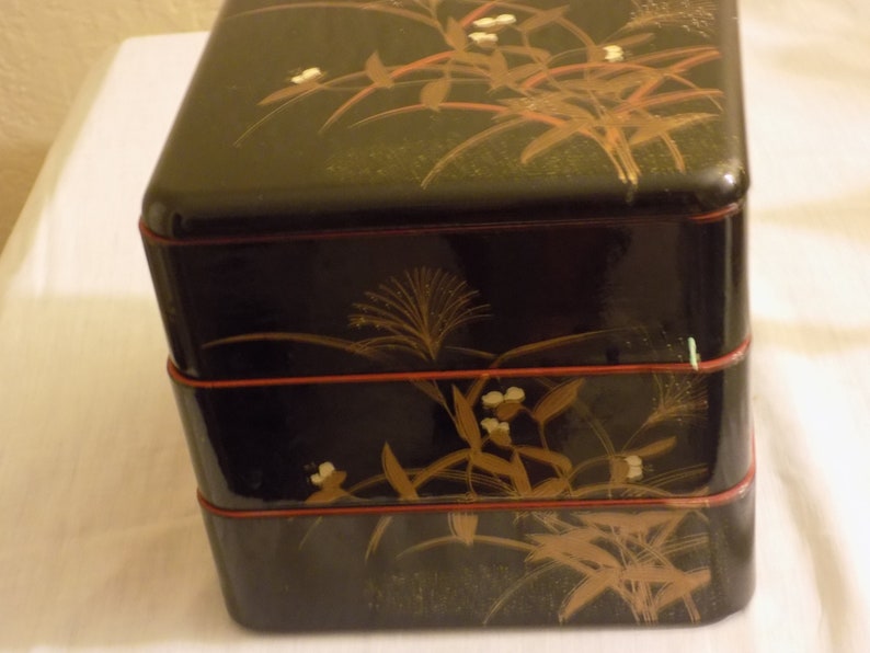 Vintage Asian Lunch Box Black Lacquered Plastic 10 x 7