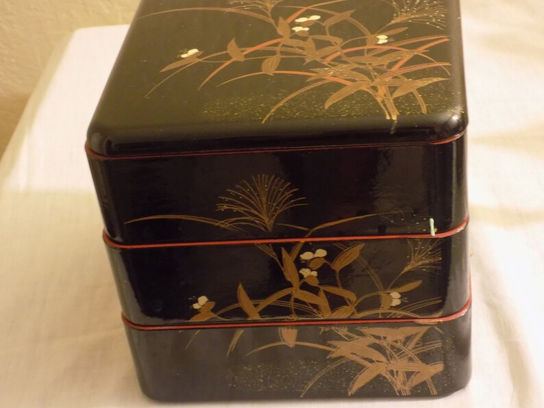 Vintage Asian Lunch Box Black Lacquered Plastic 10 x 7