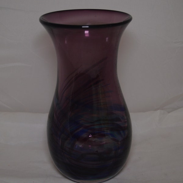 Deep Purple Art Glass Vase with Blue Swirls   10" Tall x 6" Wide   Vintage