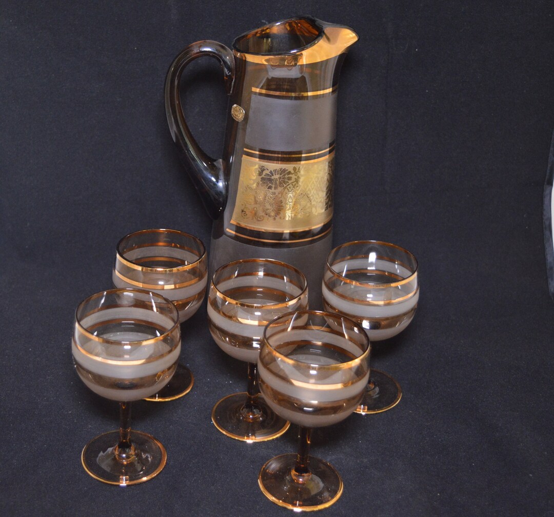 Vintage Bohemia Crystal Pitcher and 5 Glasses Made in Czechoslovakia