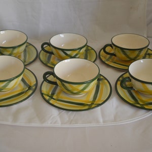Vintage Plaid Gingham Cups and Saucers    Set 6   Made 1950    Ca.