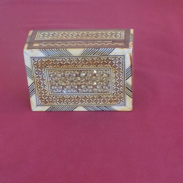 Vintage Inlaid Wooden Box Made by Hand with Mother of Pearl