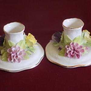 Staffordshire Bone China Candle Holders  Multi Colored Flowers   England