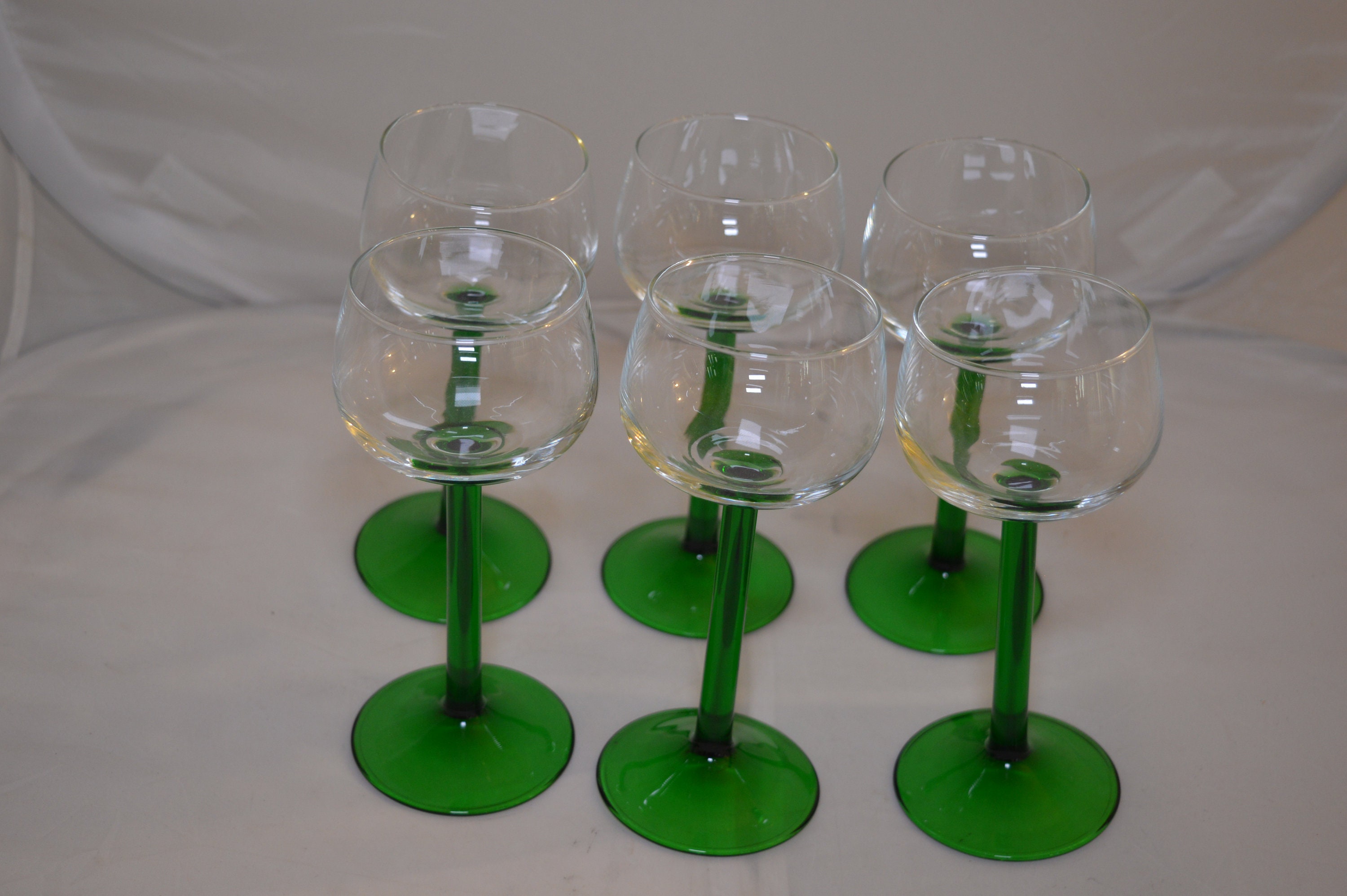 Vintage Set of 2 Tall Slender Skinny Emerald Green Stem Crystal Bowl  Luminarc Cordials Wine Glasses Mid Century Modern Bohemian Nic & Nora 