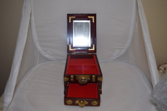 Vintage Oriental Wooden and Brass Jewelry Box   8… - image 3