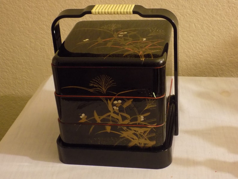 Vintage Asian Lunch Box Black Lacquered Plastic 10 x 7