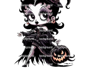 Puede incluir: Ilustración de dibujos animados de una bruja con cabello negro y un sombrero de bruja negro adornado con una calavera y una rosa. Viste un vestido negro, medias de red y tacones altos, y está sentada junto a una calabaza tallada. Tema de Halloween.