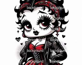 Puede incluir: Ilustración de dibujos animados de una mujer con cabello negro y ojos rojos, vistiendo una chaqueta de cuero negra y un vestido rojo. La imagen tiene una estética gótica, con acentos de calaveras y un pendiente de cruz. El fondo es blanco.