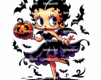 Puede incluir: Ilustración de dibujos animados de una mujer con un vestido negro sosteniendo una calabaza naranja. Murciélagos negros vuelan a su alrededor. La mujer tiene el pelo negro y lleva tacones negros. La imagen tiene un tema de Halloween.