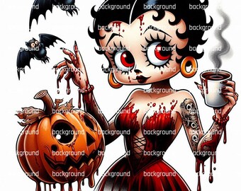Puede incluir: Ilustración de dibujos animados de una mujer con cabello negro, ojos rojos y un vestido rojo, sosteniendo una calabaza naranja tallada y una taza de café. Dos murciélagos negros vuelan en el fondo. La imagen tiene un tema de Halloween.