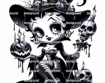 Puede incluir: Ilustración en blanco y negro de un personaje parecido a una bruja con un sombrero grande adornado con calaveras y calabazas. Sostiene una calabaza tallada y un bastón de calavera, con detalles de cera goteando. Tema de Halloween.