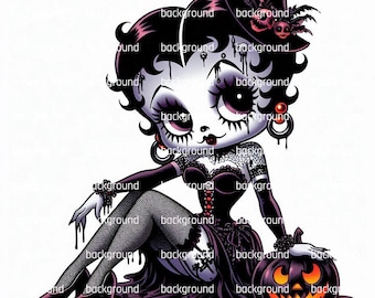 Puede incluir: Ilustración de dibujos animados de una mujer con sombrero de bruja, vestido negro y medias de rejilla, con una calabaza tallada. La imagen tiene un tema gótico con colores oscuros y acentos goteantes. La mujer está sentada y tiene una apariencia espeluznante, pero linda.