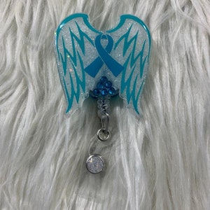 Ovarian Cancer Awareness badge reel,  Angel Wings Nurse badge holder
