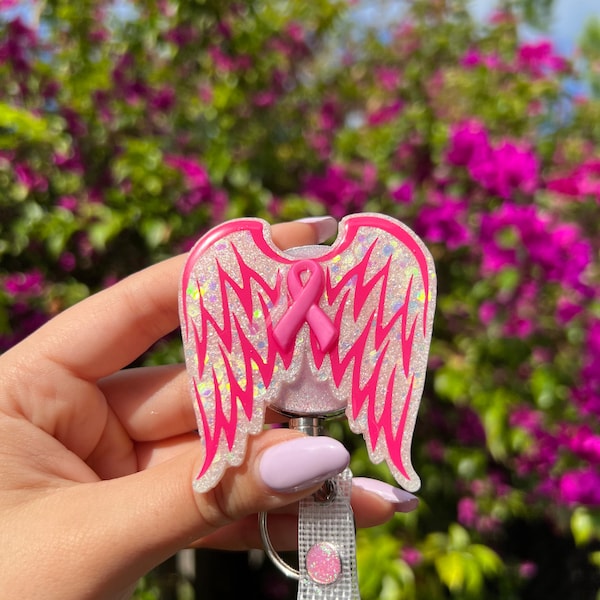 Breast Cancer Awareness badge reel,  Angel Wings Nurse badge holder, white glitter badge reel