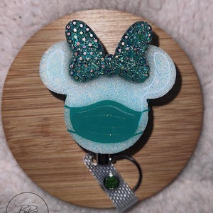 White and Green Mrs Mouse with face mask badge reel, Nurse badge holder