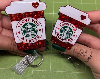 Red Glitter Coffee Cup Badge Reel, Valentine's Day Heavy Duty ID Holder