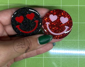 Glitter Heart Eyes Emoji Badge Reel, Heavy Duty