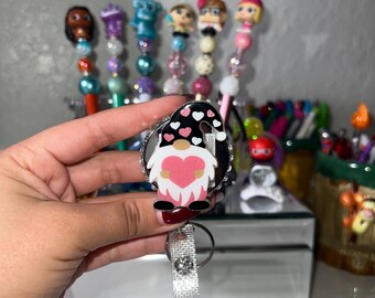Pink Gnome Hearts Badge Reel, Heavy Duty Badge Holder